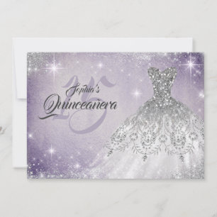 Invitación Plata Suave Lazo Púrpura Diamante Gown Quinceanera