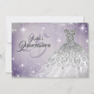 Invitación Plata Suave Lazo Púrpura Diamante Gown Quinceanera