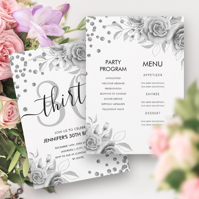 Invitación Plata todo en un Purpurina floral cumpleaños númer (Silver All in One Floral Glitter 30th Birthday Invitation)