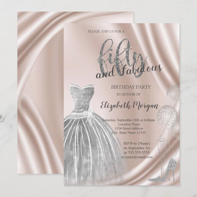 Invitación Plata Tos Altos Vestidos 50 Cumpleaños (Anverso / Reverso)