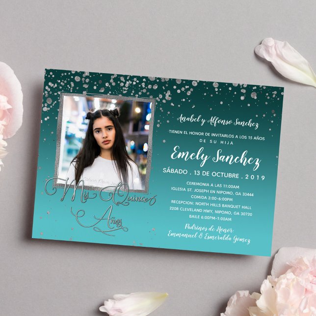 Invitación Plata Turquesa Mis Quince Anos Foto Inv Española (Subido por el creador)
