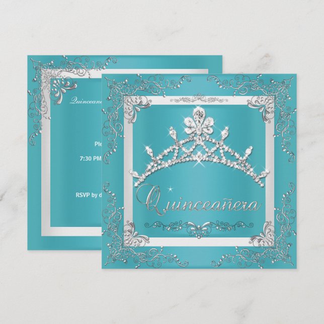 Invitación Plata turquesa Tiara Quinceanera 15º cumpleaños (Anverso / Reverso)