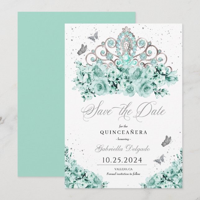 Invitación Plata Verde De Mint Tiara Salven La Fecha Quinceañ (Anverso / Reverso)