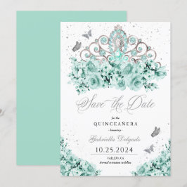 Invitación Plata Verde De Mint Tiara Salven La Fecha Quinceañ