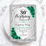 Invitación Plata Verde Elegante Floral 30 cumpleaños<br><div class="desc">30.ª Invitación a la fiesta de cumpleaños. Elegante diseño verde esmeralda floral con rosas. Presenta franjas plateadas purpurinas falsas y letra de guión. Perfecto para una elegante celebración del cumpleaños de las mujeres. ¡Se puede personalizar para cualquier edad! Invitaciones Zazzle impresas o una plantilla imprimible digital de descarga instantánea.</div>