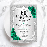 Invitación Plata Verde Elegante Floral 60 cumpleaños<br><div class="desc">60.ª Invitación a la fiesta de cumpleaños. Elegante diseño verde esmeralda floral con rosas. Presenta franjas plateadas purpurinas falsas y letra de guión. Perfecto para una elegante celebración del cumpleaños de las mujeres. ¡Se puede personalizar para cualquier edad! Invitaciones Zazzle impresas o una plantilla imprimible digital de descarga instantánea.</div>