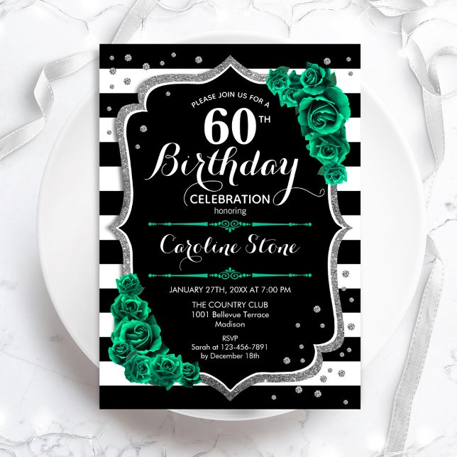 Invitación Plata Verde Elegante Floral 60 cumpleaños (Subido por el creador)