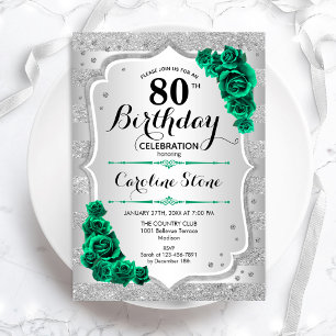Invitación Plata Verde Elegante Floral 80 cumpleaños