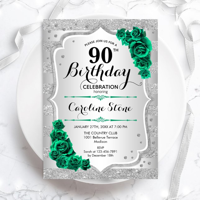 Invitación Plata Verde Elegante Floral 90 cumpleaños (Subido por el creador)