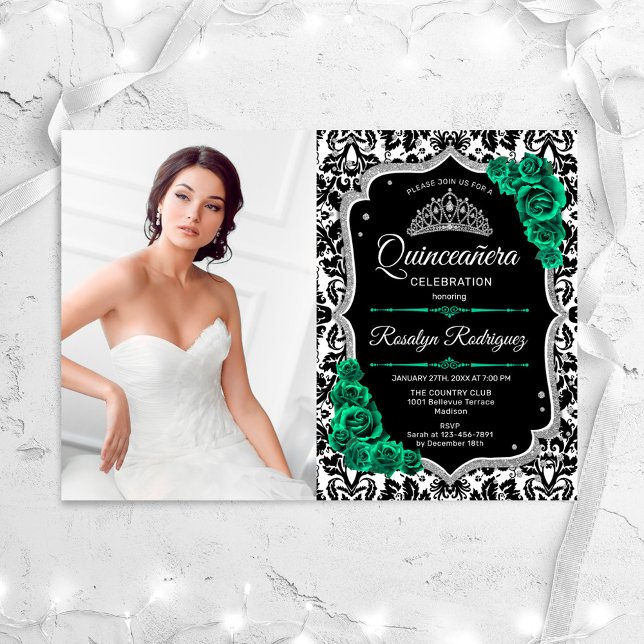 Invitación Plata verde esmeralda foto negra quinceanera (Subido por el creador)
