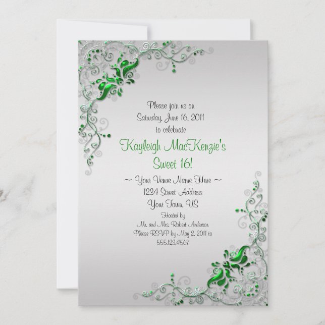 Invitación Plata verde ordenada con dulce plateado 16 (Anverso)