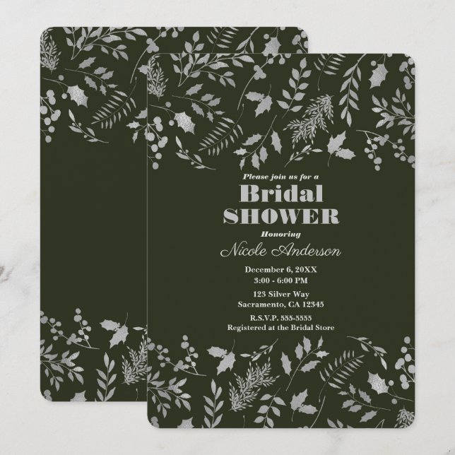 Invitación Plata verde oscuro deja ducha de novia botánica (Anverso / Reverso)