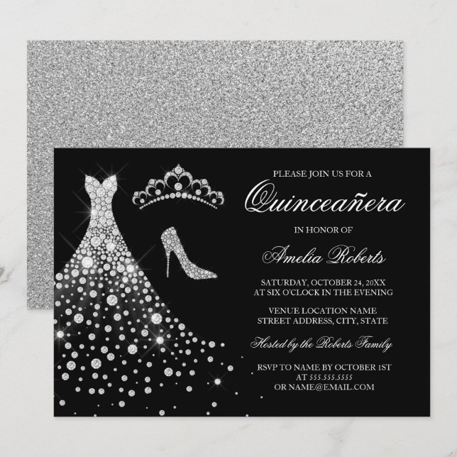 Invitación Plata Vestida de Diamante Negro Tiara Quinceanera (Anverso / Reverso)