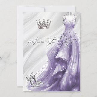 Invitación Plata Vestido de Espuma Púrpura Quinceañera Fecha 