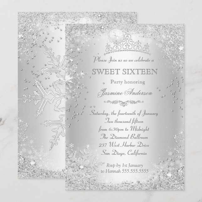 Invitación Plata Winter Wonderland Sweet 16 Tiara (Anverso / Reverso)