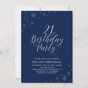 Invitación Plata y Azul Marino   Fiesta de Cumpleaños 21 Mode