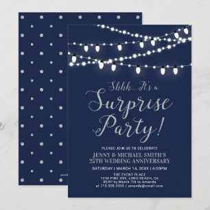 Invitación Plata y Azul Marino Sorpresa 25 Aniversario de B