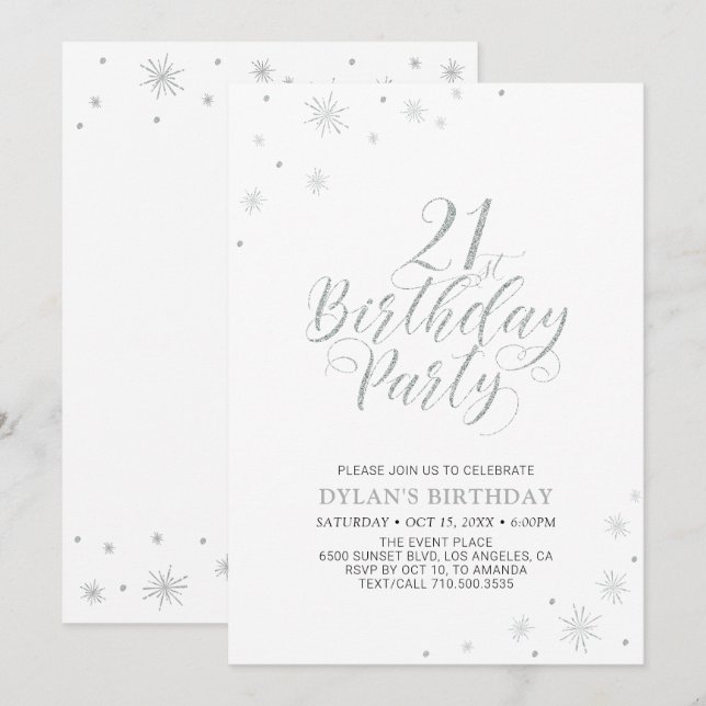 Invitación Plata y Blanco | Fiesta de Cumpleaños 21 Moderno y (Anverso / Reverso)