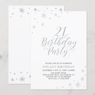 Invitación Plata y Blanco   Fiesta de Cumpleaños 21 Moderno y
