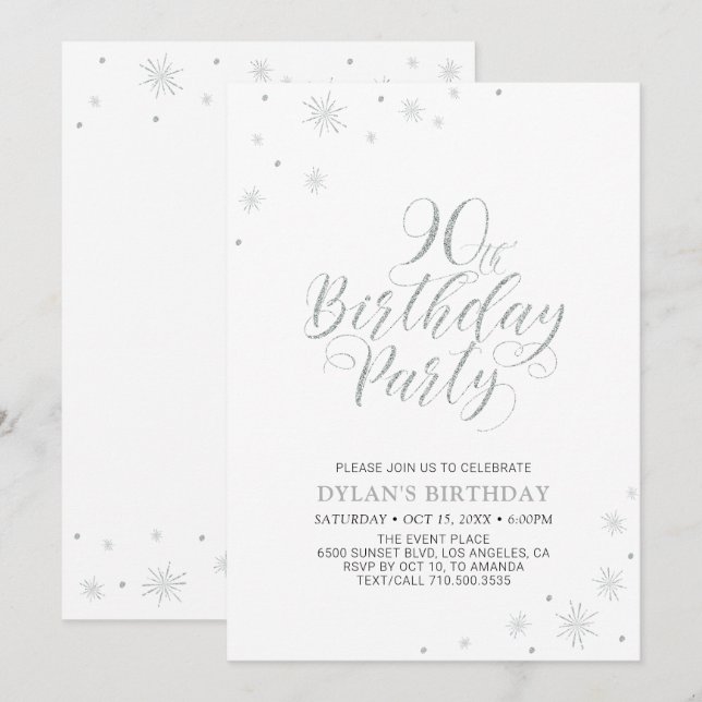 Invitación Plata y Blanco | Fiesta de cumpleaños de la 90ª fo (Anverso / Reverso)