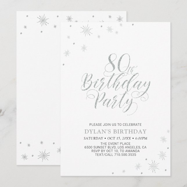 Invitación Plata y Blanco | Fiesta de cumpleaños número 80 co (Anverso / Reverso)