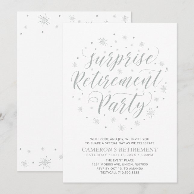 Invitación Plata y Blanco | Fiesta de Jubilación Sorpresa Mod (Anverso / Reverso)