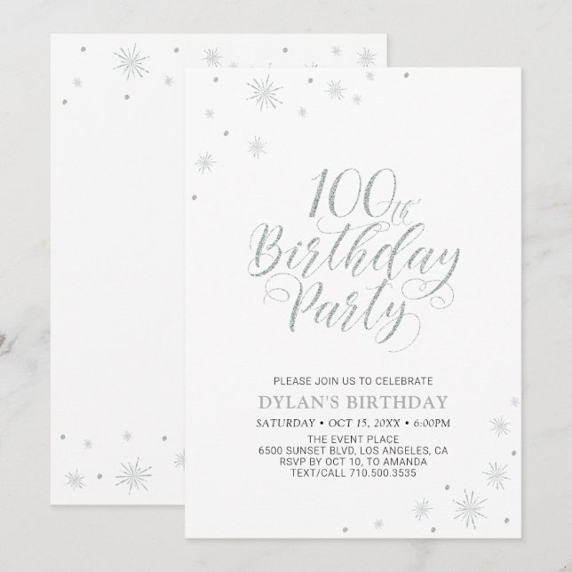 Invitación Plata y Blanco | Fiesta moderna de cumpleaños por  (Anverso / Reverso)