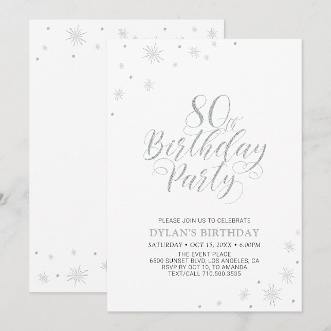 Invitación Plata y blanco | Moda moderna 80ª fiesta de cumple (Anverso / Reverso)