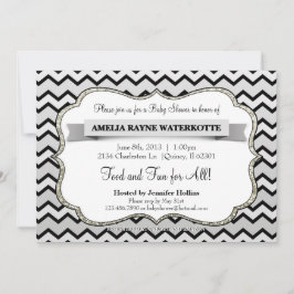 Invitación Plata y Chevron negro Baby Shower del purpurina