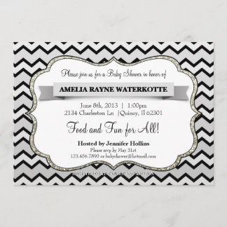 Invitación Plata y Chevron negro Baby Shower del purpurina