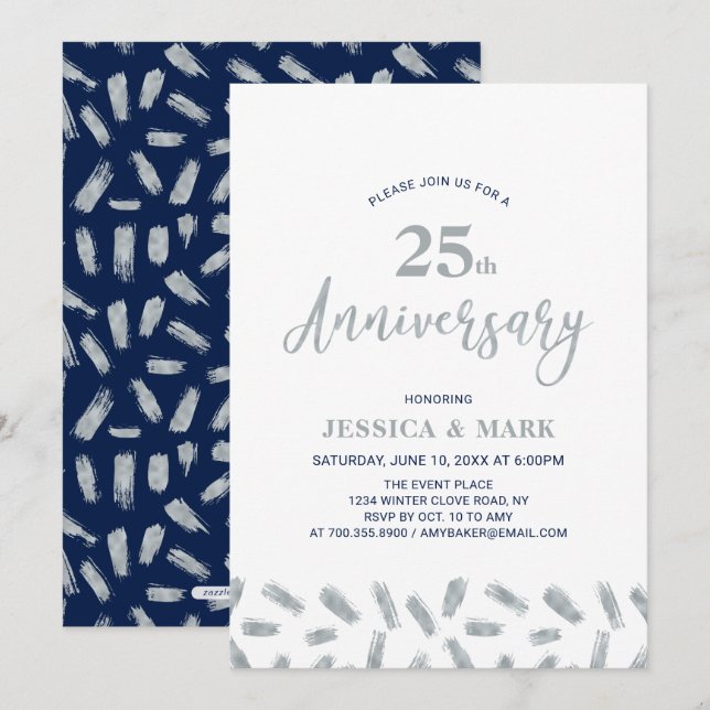Invitación Plata y Marina | 25º Aniversario Boda de la era mo (Anverso / Reverso)