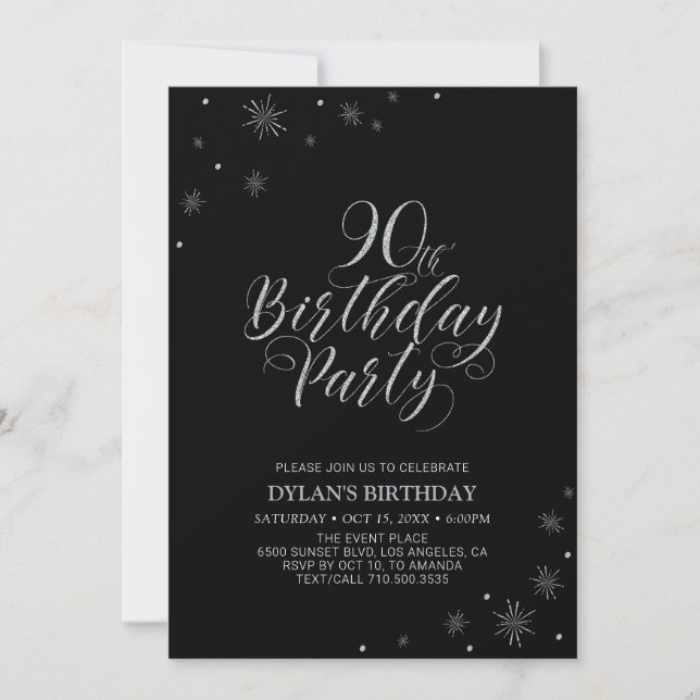 Invitación Plata y Negro | 90.ª fiesta de cumpleaños de la fo (Anverso)