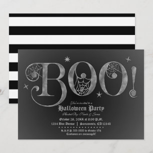 Invitación Plata y Negro BOO Fiesta Elegante de Halloween