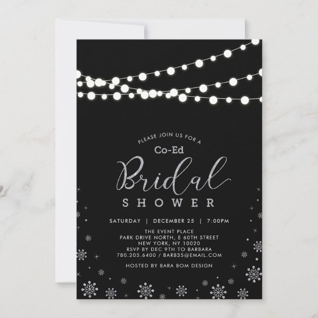 Invitación Plata y Negro | Ducha nupcial de String Lights (Anverso)
