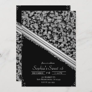 Invitación Plata y Negro Elegante Glam Sweet 16 Fiesta