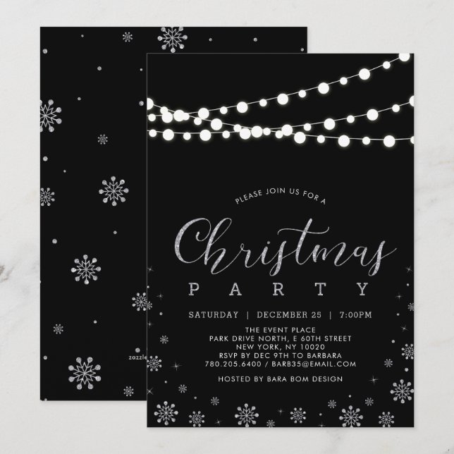 Invitación Plata y Negro | Fiesta de Navidades de String Ligh (Anverso / Reverso)