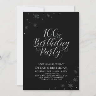 Invitación Plata y Negro   Moderna Fiesta de Cumpleaños 100