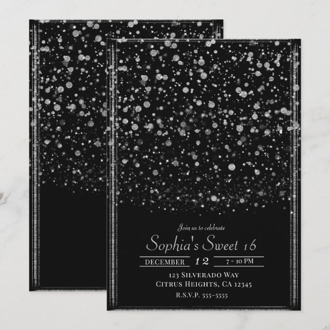 Invitación Plata y negro pastelito de confetti dulce 16 Fiest (Anverso / Reverso)