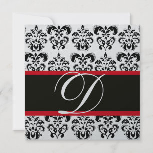 Invitación PLATA Y NEGRO  ROJO  DAMASCO MONOGRAMA , blanco