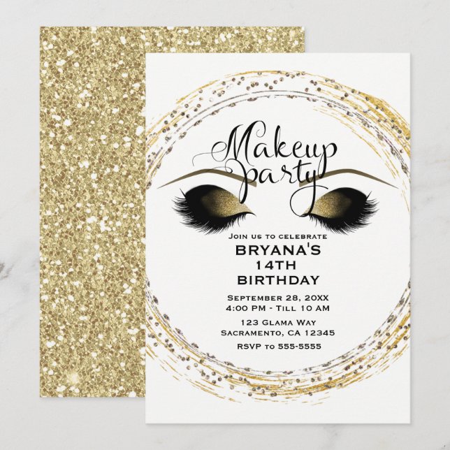 Invitación Plata y Oro maquillaje Eyelashes Glam Beauty Fiest (Anverso / Reverso)