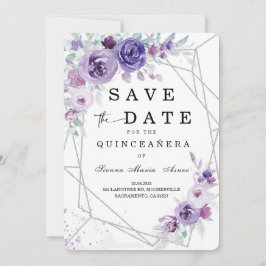 Invitación Plata y Púrpura  Salva la Fecha Quinceañera