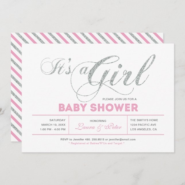Invitación Plata y rosa | Chica, Moda Typography Baby Shower (Anverso / Reverso)