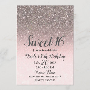 Invitación Plata y rosa suave con brillo destellante glam Swe