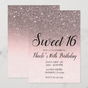 Invitación Plata y rosa suave con brillo destellante glam Swe