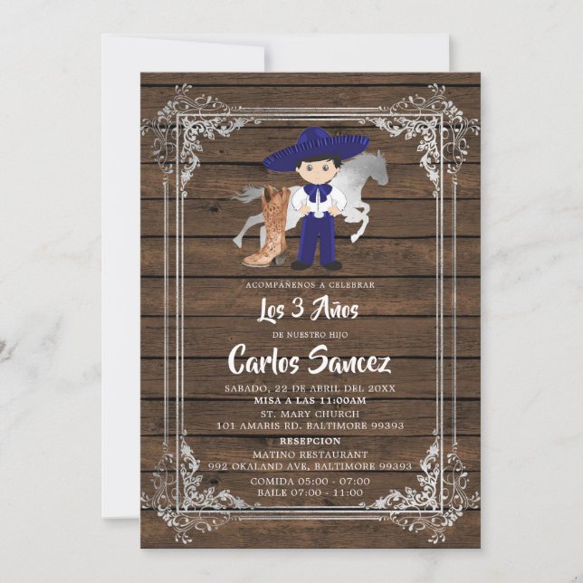 Invitación Plata y Royal Blue Wood Charro Tercer Cumpleaños (Anverso)