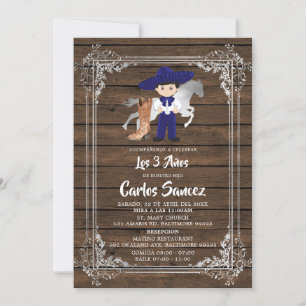 Invitación Plata y Royal Blue Wood Charro Tercer Cumpleaños