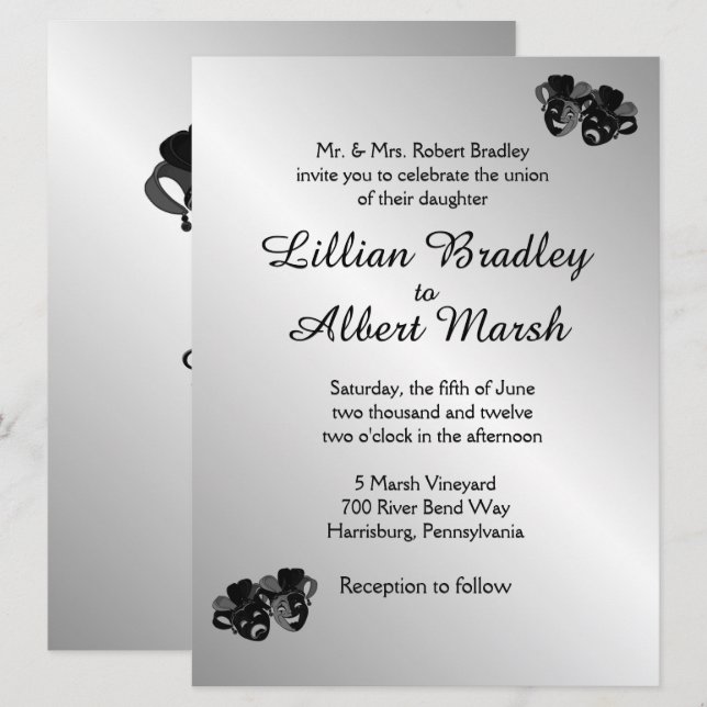 Invitación plateada del Boda del teatro (Anverso / Reverso)