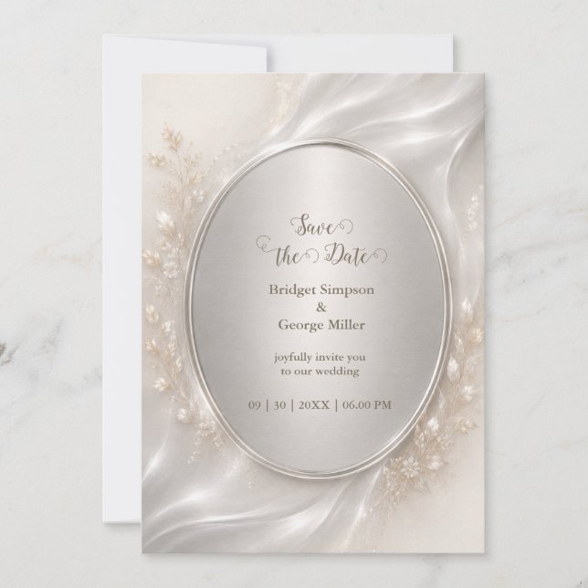 Invitación Plateada metálica romántica oval botánicos boda (Anverso)