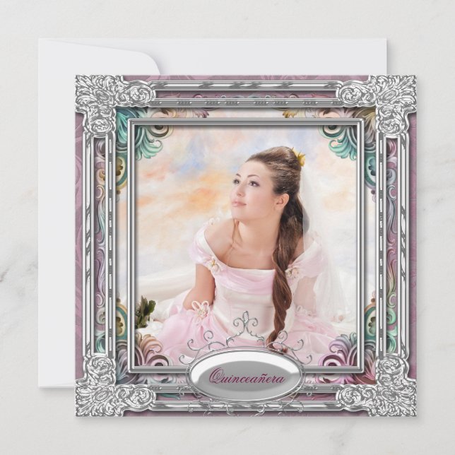 Invitación Plateado Azul Teal Rosa Coral Foto Quinceañera (Anverso)