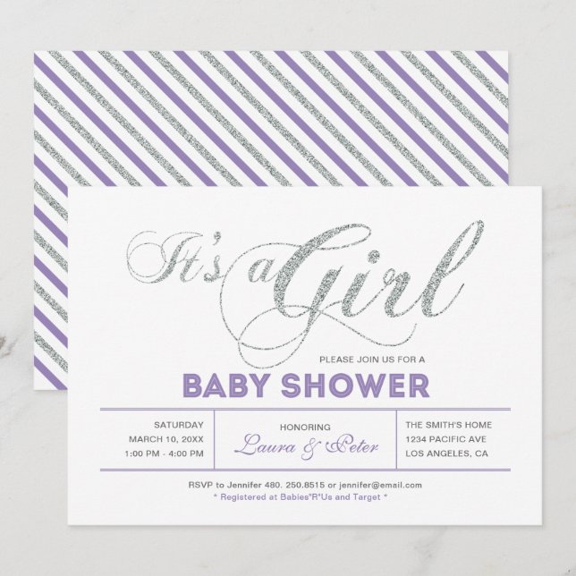Invitación Plateado | Chica, Baby Shower de tipografía modern (Anverso / Reverso)